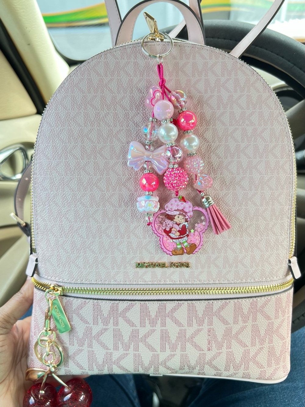 Strawberry  shortcake Pink Beaded bag charm Backpack Charm with Tassel